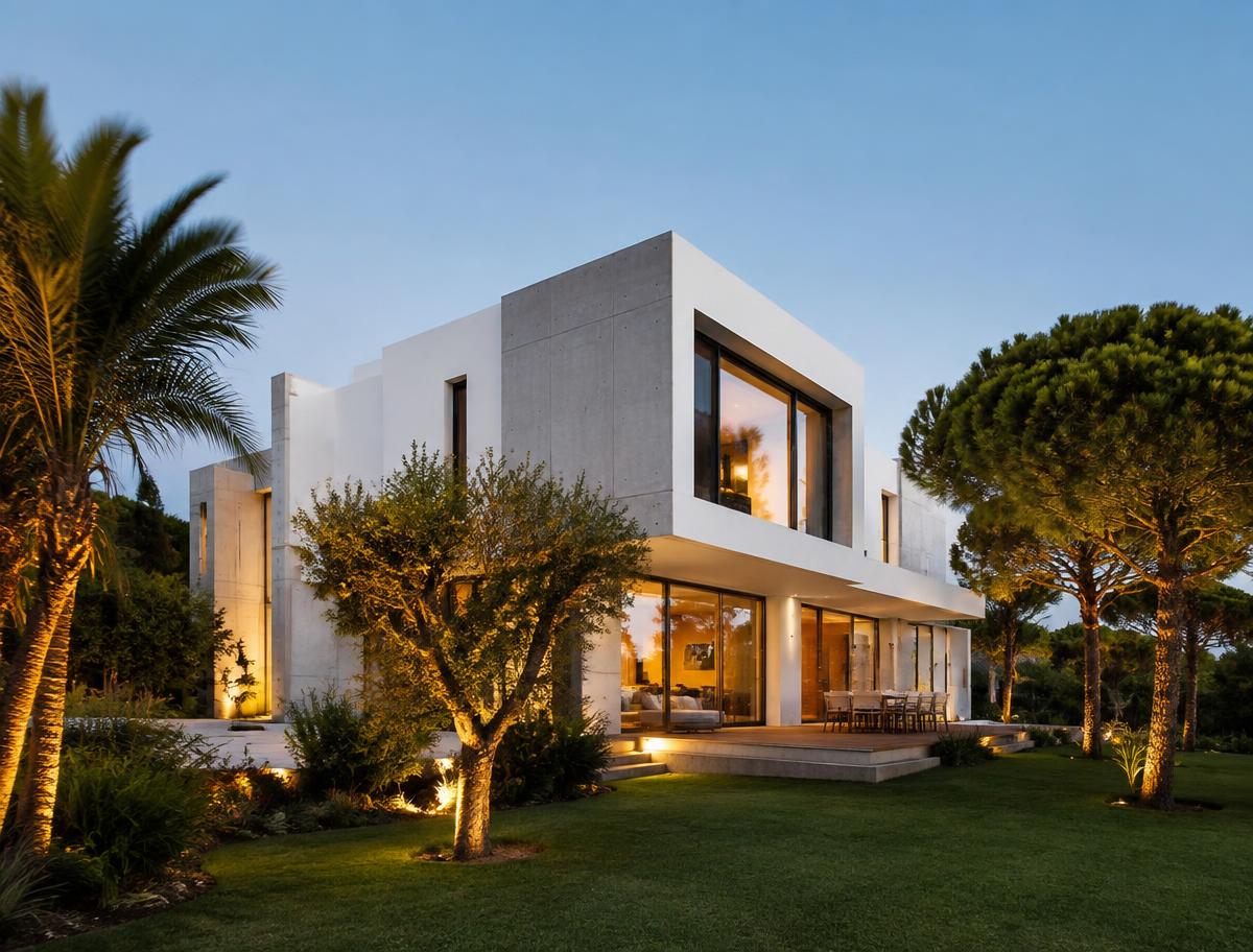 Illustrative rendering: Modern concrete villa at dusk