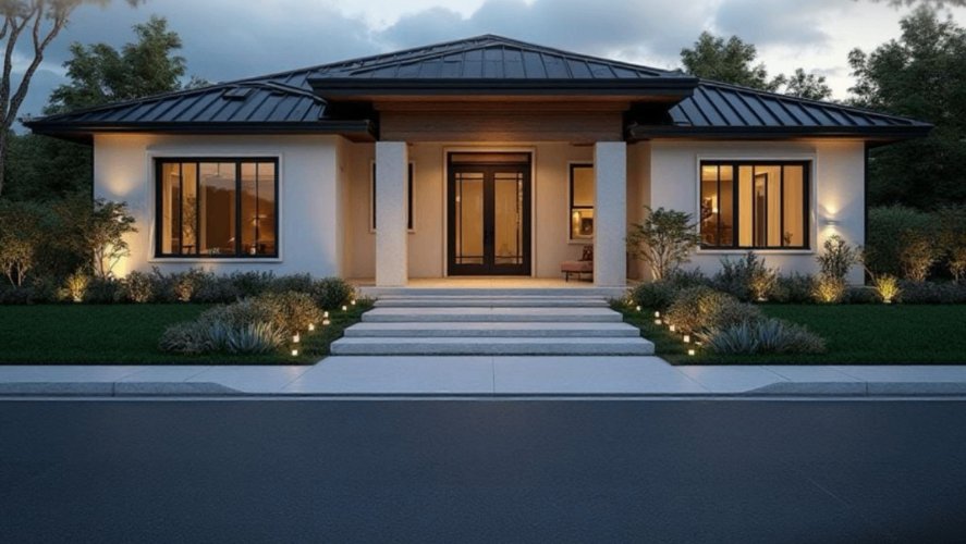 Single-story home with hip metal roof and lit entry steps