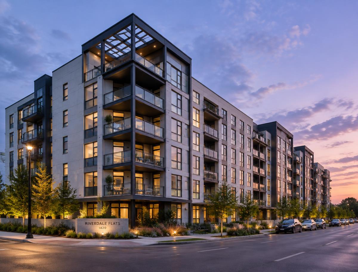Illustrative rendering: Mid-rise multifamily building at twilight
