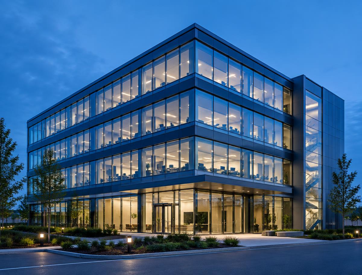 Illustrative rendering: Four-story glass office building