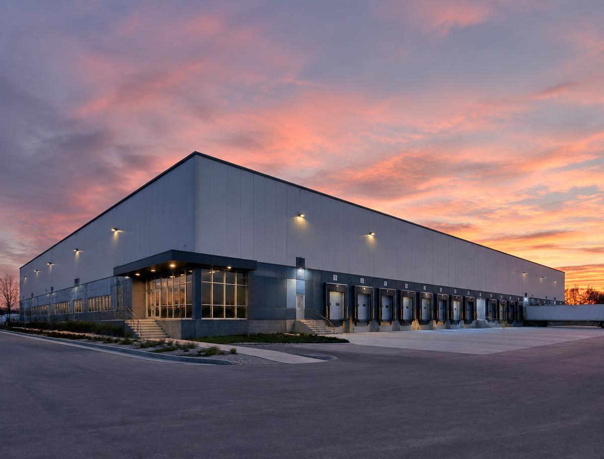 Illustrative rendering: Steel-frame warehouse with loading docks